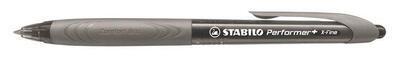 Kuličkové pero "Performer+", šedé tělo, 0,38m, stiskací mechanismus, STABILO, modrý ink.