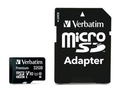 Paměťová karta "Premium", microSDHC, 32GB, CL10/U1, 45/10 MB/s, adaptér, VERBATIM - 1