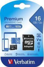 Paměťová karta "Premium", microSDHC, 16GB, CL10/U1, 45/10 MB/s, adaptér, VERBATIM