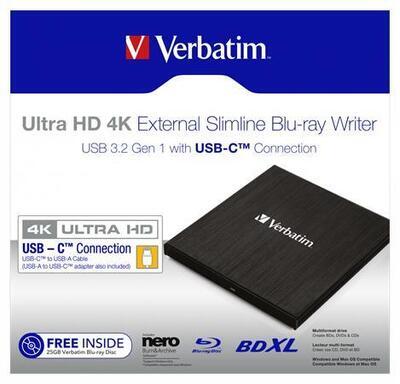 Blu-ray vypalovačka "Slimeline", (externí), 4K Ultra HD, USB 3.1 GEN 1, USB-C, VERBATIM - 4