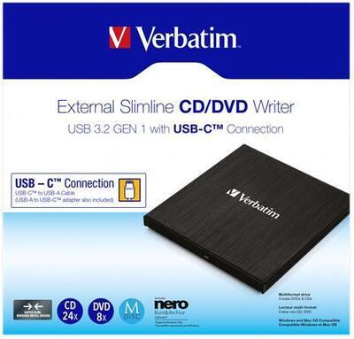 CD/DVD vypalovačka, USB 3.2 - USB-C, slim, kovové pouzdro, VERBATIM 43886 - 4