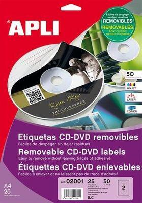 Etikety na CD/DVD, matné, A4, snímatelné, APLI - 4