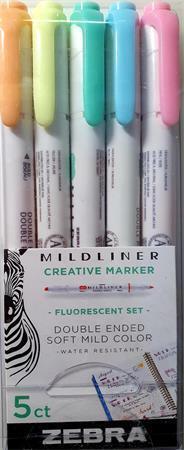 Sada zvýrazňovačů "Mildliner Fluorescent", 5 barev, 1,0 / 3,5 mm, oboustranný, ZEBRA 8105