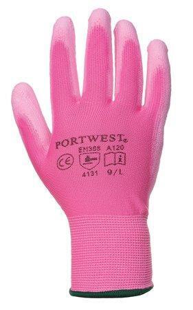Pracovní rukavice máčené na dlani a prstech v polyuretanu, velikost 7, růžové
