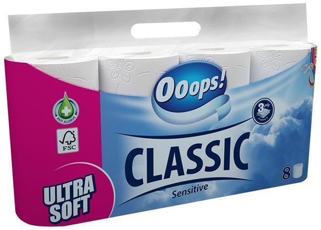 Toaletní papír "Ooops! Classic", 3-vrstvý, 8 rolí, sensitive