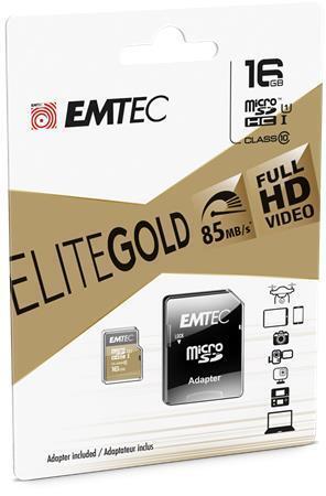 Paměťová karta "Elite Gold", microSDHC, 16GB, UHS-I/U1, 85/20 MB/s, adaptér, EMTEC ECMSDM16GHC10GP