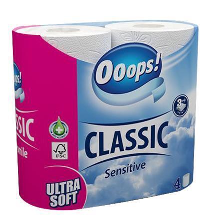 Toaletní papír "Ooops!", 3-vrstvý, 4 kotouče, sensitive