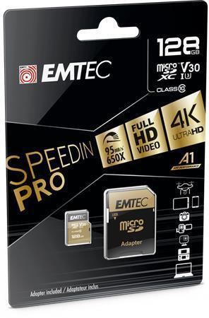 Paměťová karta "SpeedIN", microSDXC, 128GB, UHS-I/U3/V30/A2, 100/95 MB/s, adaptér, EMTEC ECMSDM128GX
