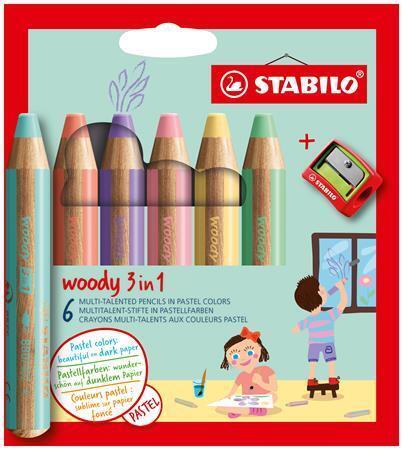 Barevné pastelka "Woody", 6 pastelových barev, maxi, 3v1 – pastelka, vodovka, voskovka, STABILO 8806