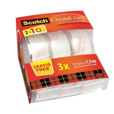 Lepicí páska s odvíječem "Crystal", 2+1 zdarma, 19 mm x 7,5 m, 3M SCOTCH