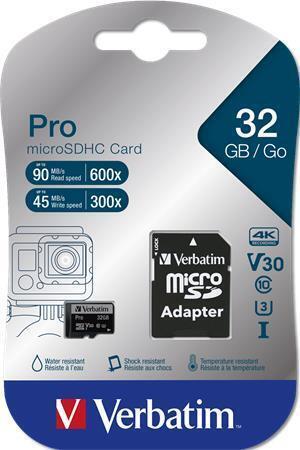 Paměťová karta "PRO", microSDHC, 32GB, CL10/U3, 90/45 MB/s, adaptér, VERBATIM