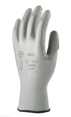Pracovní rukavice máčené na dlani a prstech v polyuretanu, velikost 12, šedé