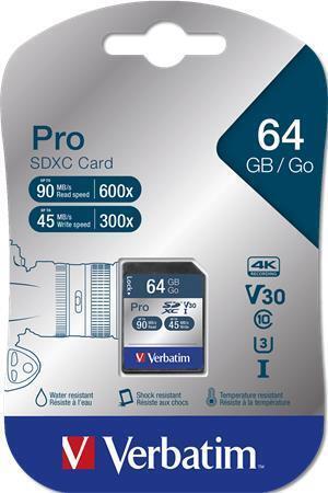 Paměťová karta "PRO", SDXC, 64GB, CL10/U3, 90/45MB/sec, VERBATIM