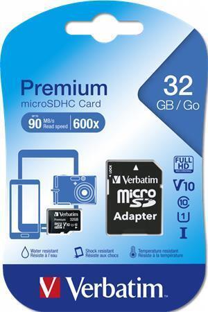 Paměťová karta "Premium", microSDHC, 32GB, CL10/U1, 45/10 MB/s, adaptér, VERBATIM