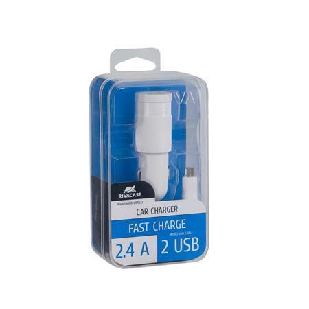 Nabíječka do auta "VA 4222 WD1", bílá, 2 x USB,  2,4A, datový kabel micro USB, RIVACASE