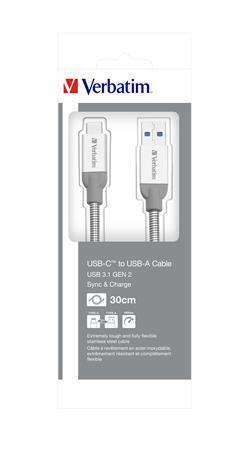 USB kabel, stříbrná, 30 cm, USB-C 3.1 - USB-A, VERBATIM